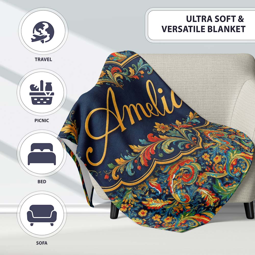 Vibrant Paisley Floral Swirl Pattern Rich Ornamental Design Name Personalised Custom Name Super Soft Fleece Blanket Bed Sofa Throw