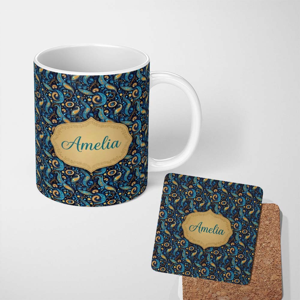 Personalized Custom Name Blue Gold Paisley Ornate Floral Pattern Elegant Vintage Design Name 11oz Ceramic Coffee Tea Mug White Large Handle
