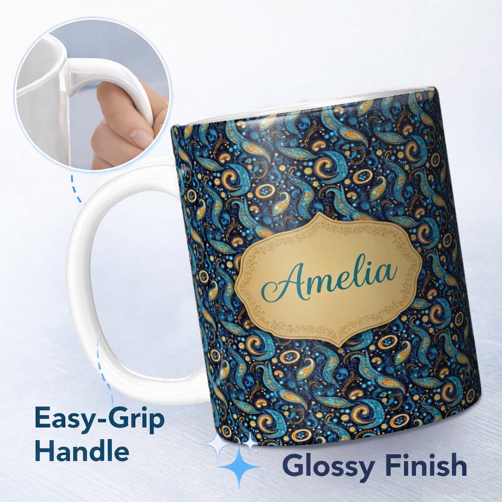 Personalized Custom Name Blue Gold Paisley Ornate Floral Pattern Elegant Vintage Design Name 11oz Ceramic Coffee Tea Mug White Large Handle