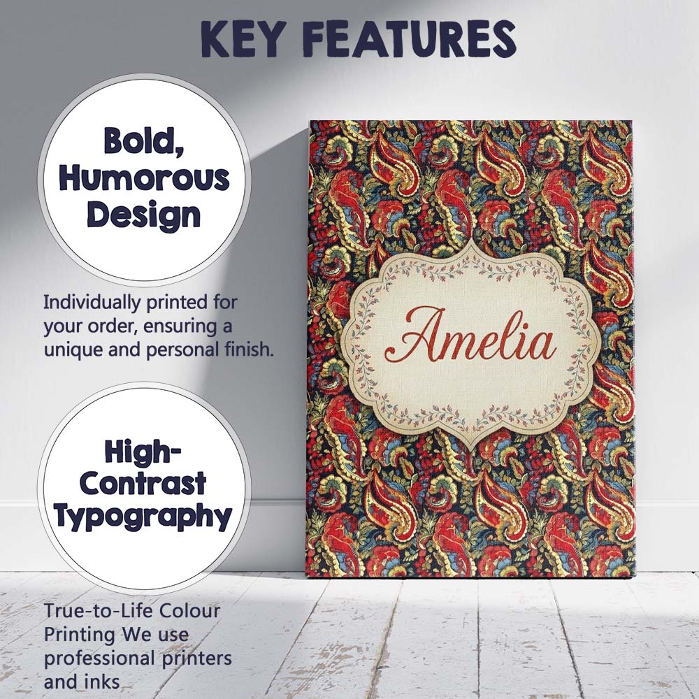 Personalised Name Red Cream Paisley Floral Custom Unique Gift Idea Elegant Feature Canvas Wall Art Print Decor Picture Ready to Hang