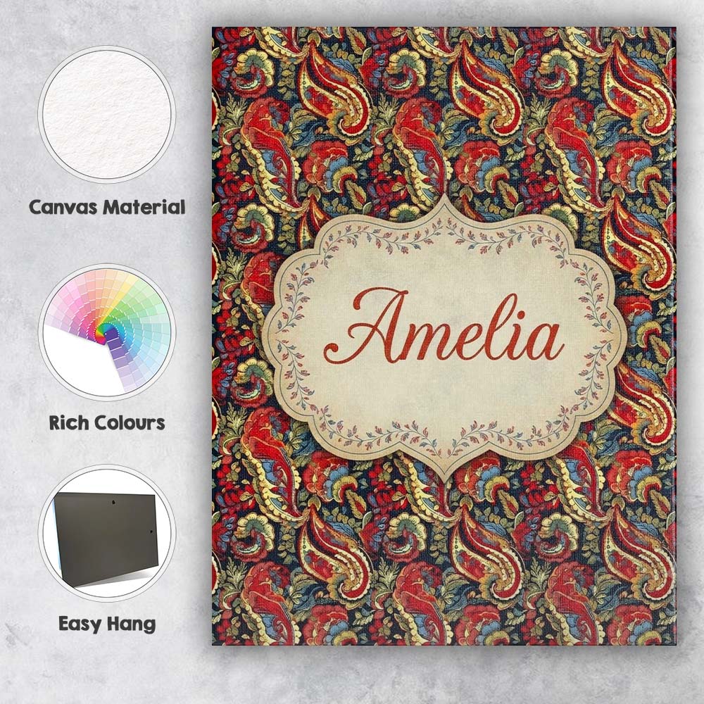 Personalised Name Red Cream Paisley Floral Custom Unique Gift Idea Elegant Feature Canvas Wall Art Print Decor Picture Ready to Hang