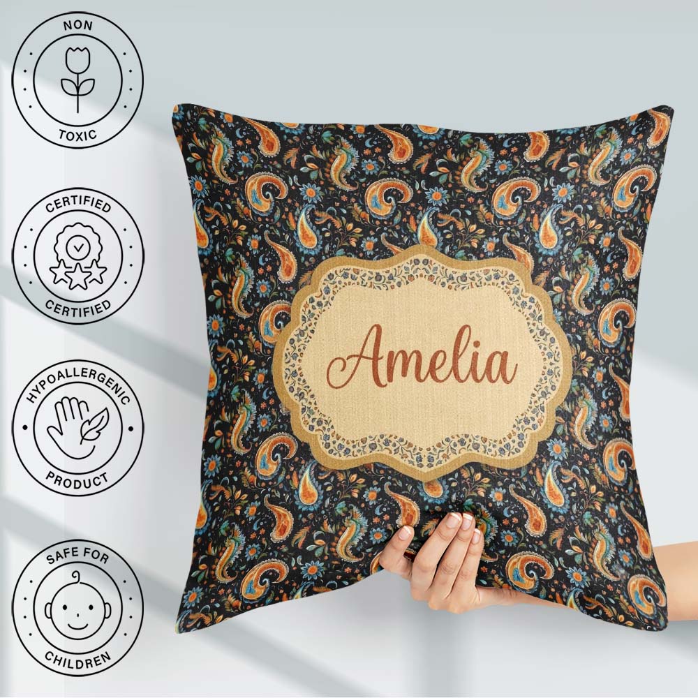 Custom Name Bright Orange Paisley Floral Pattern Bold Decorative Square Filled Cushion Throw Pillow Sofa Bed Home Decor Zip Washable UK Made