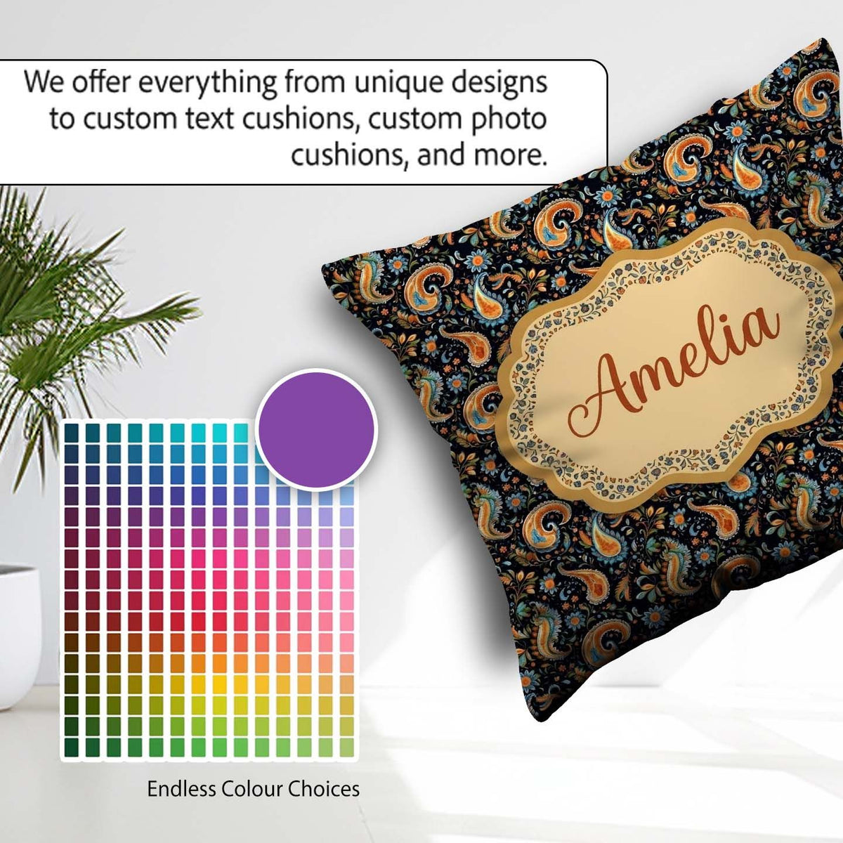 Custom Name Bright Orange Paisley Floral Pattern Bold Decorative Square Filled Cushion Throw Pillow Sofa Bed Home Decor Zip Washable UK Made
