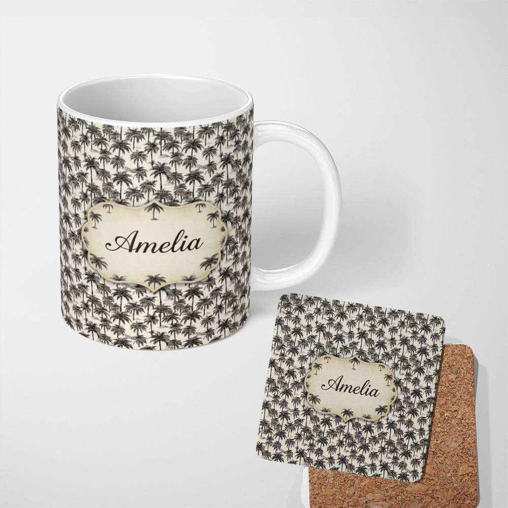 Personalized Custom Name Tropical Palm Tree Monochrome Sketch Pattern Neutral Coastal Design 11oz Ceramic Coffee Tea Mug White Large Handle
