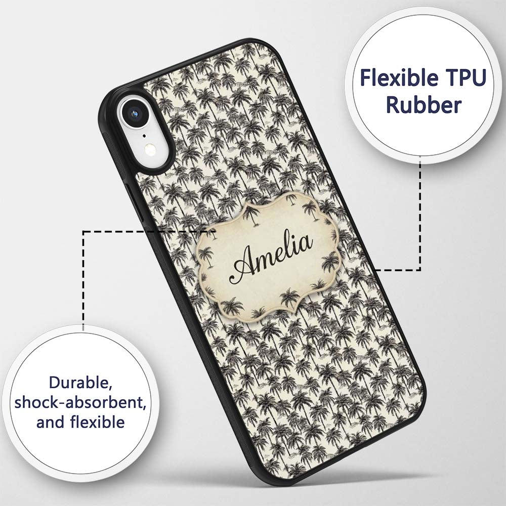 Tropical Palm Tree Monochrome Sketch Pattern Custom Name Protective Phone Case Mobile Cover Durable Everyday Smartphone Shock Resistant