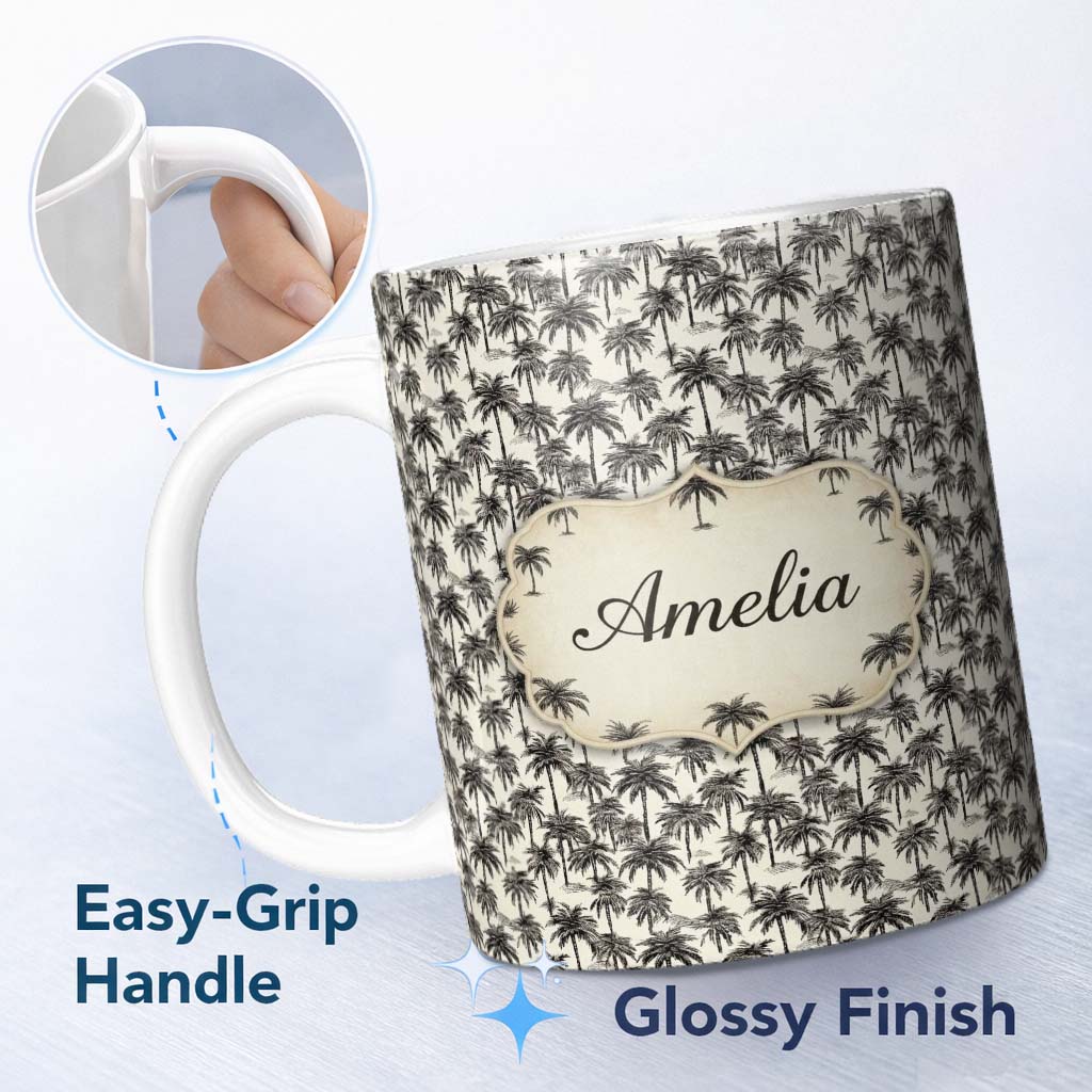 Personalized Custom Name Tropical Palm Tree Monochrome Sketch Pattern Neutral Coastal Design 11oz Ceramic Coffee Tea Mug White Large Handle