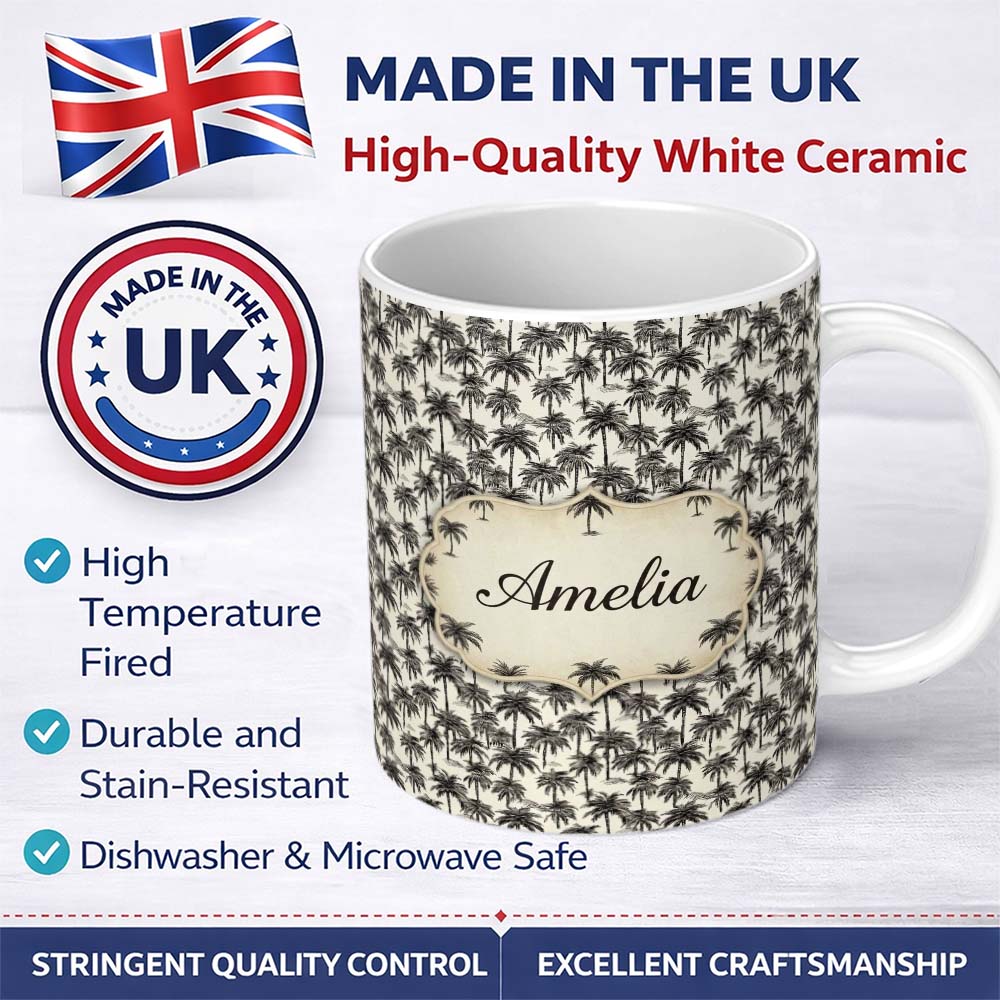 Personalized Custom Name Tropical Palm Tree Monochrome Sketch Pattern Neutral Coastal Design 11oz Ceramic Coffee Tea Mug White Large Handle