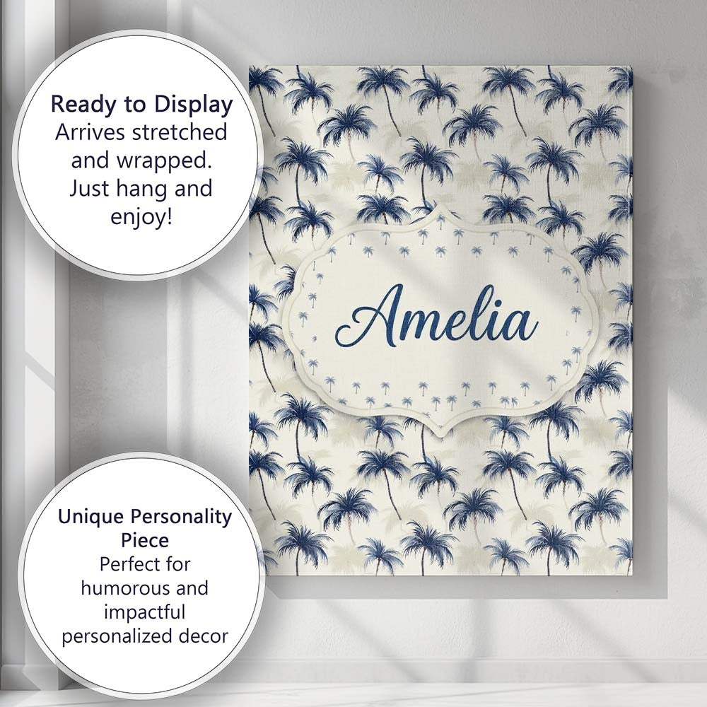Personalised Name Blue Palm Tree Tropical Custom Unique Gift Idea Elegant Feature Canvas Wall Art Print Decor Picture Ready to Hang