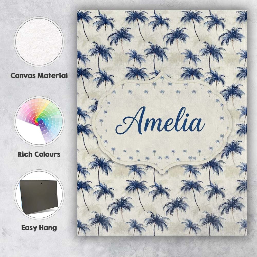 Personalised Name Blue Palm Tree Tropical Custom Unique Gift Idea Elegant Feature Canvas Wall Art Print Decor Picture Ready to Hang