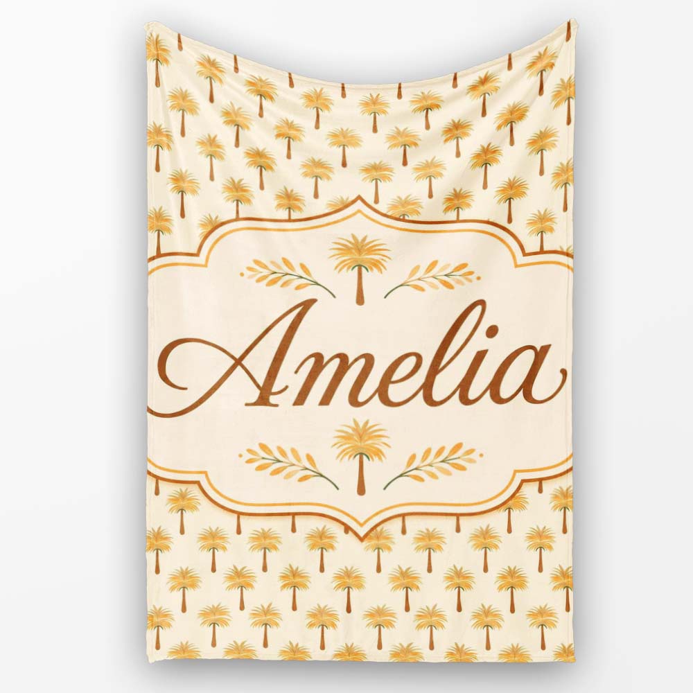 Minimal Palm Tree Repeating Pattern Soft Neutral Tropical Design Personalised Custom Name Super Soft Fleece Blanket Bed Sofa Throw