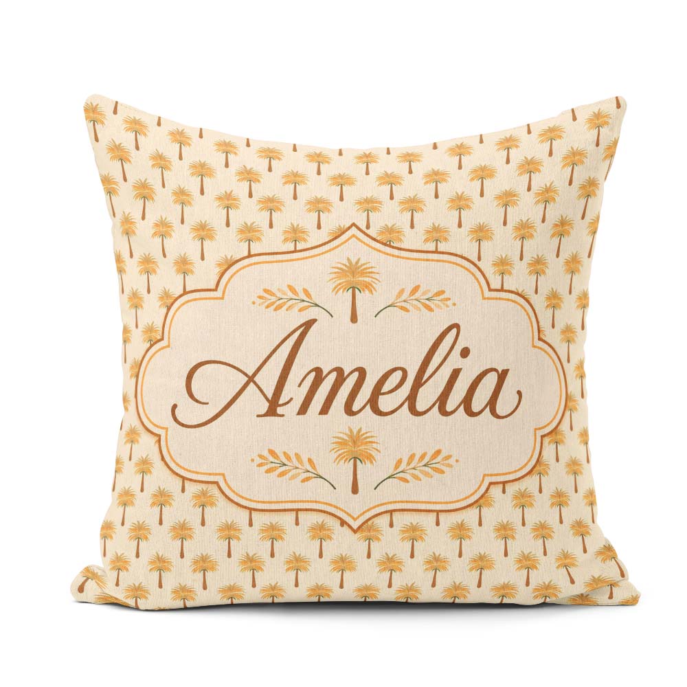Custom Name Minimal Palm Tree Repeating Pattern Neutral Tropical Square Filled Cushion Throw Pillow Sofa Bed Home Decor Zip Washable UK Made