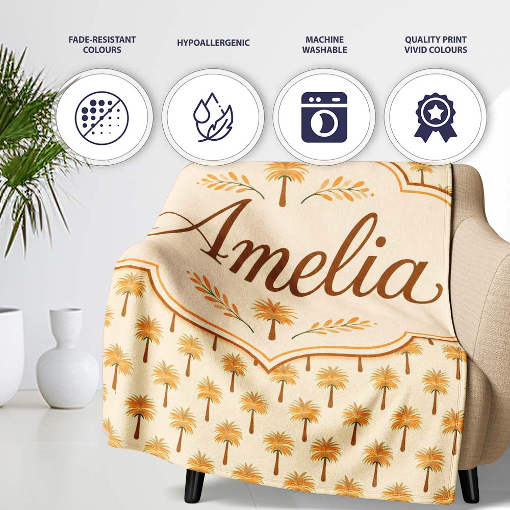 Minimal Palm Tree Repeating Pattern Soft Neutral Tropical Design Personalised Custom Name Super Soft Fleece Blanket Bed Sofa Throw