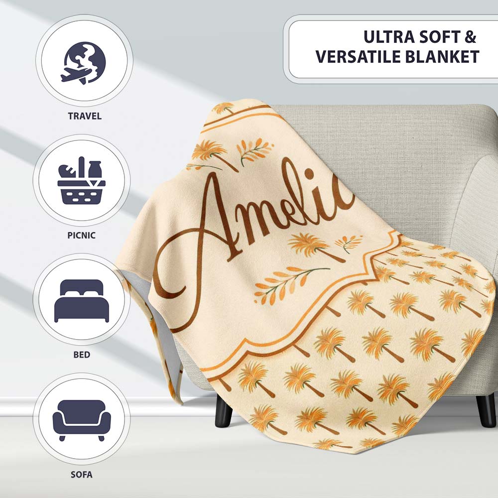 Minimal Palm Tree Repeating Pattern Soft Neutral Tropical Design Personalised Custom Name Super Soft Fleece Blanket Bed Sofa Throw