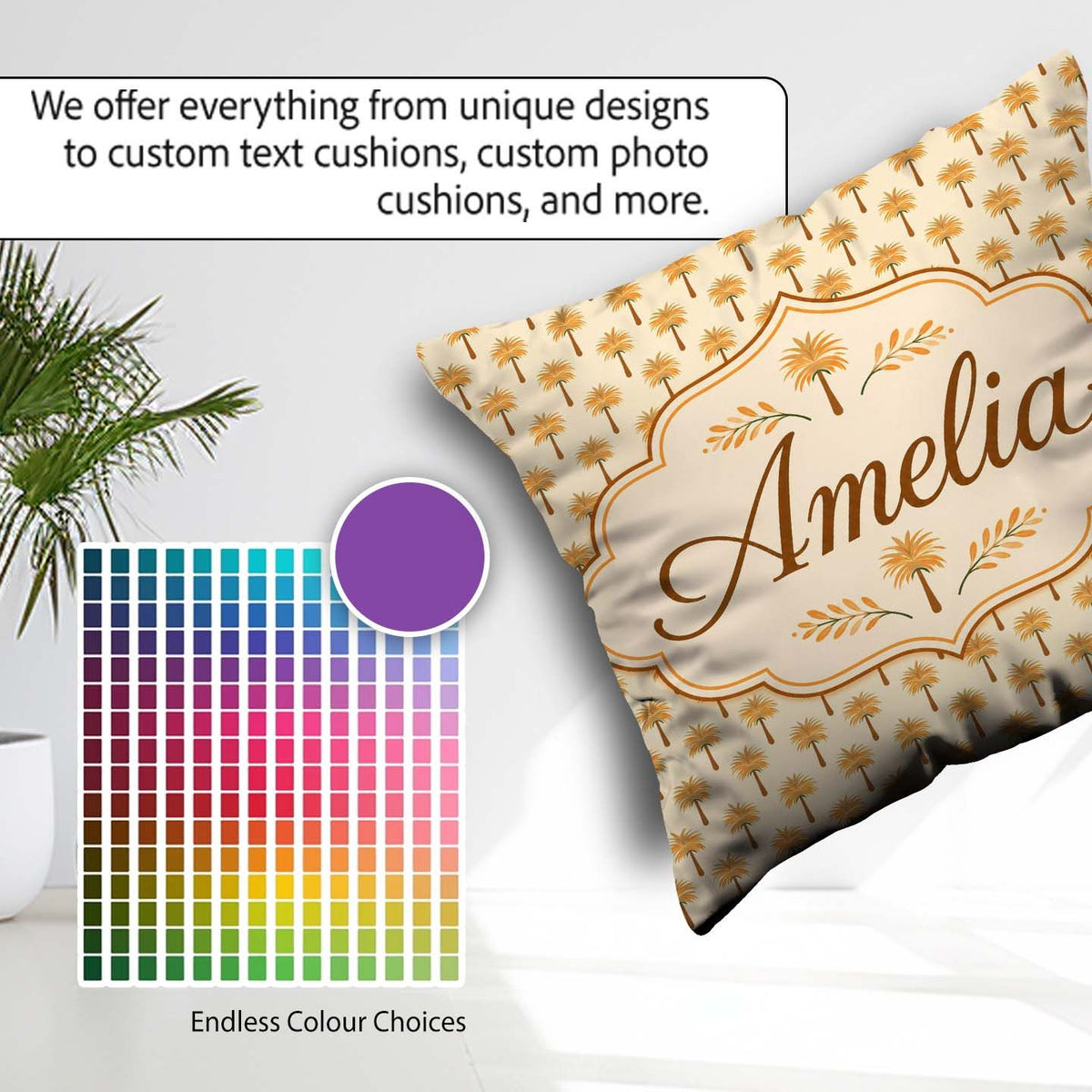Custom Name Minimal Palm Tree Repeating Pattern Neutral Tropical Square Filled Cushion Throw Pillow Sofa Bed Home Decor Zip Washable UK Made
