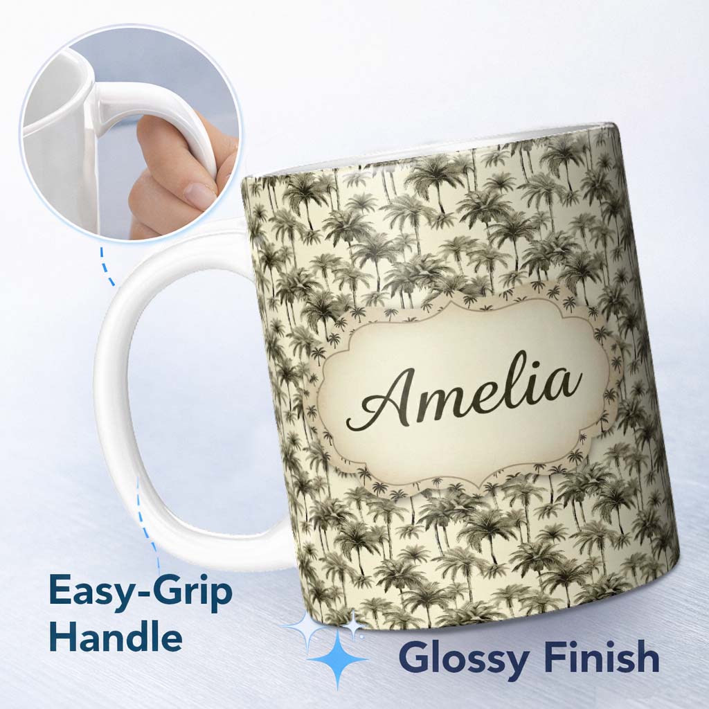 Personalized Custom Name Vintage Sepia Palm Tree Tropical Seamless Pattern Coastal Neutral 11oz Ceramic Coffee Tea Mug White Large Handle