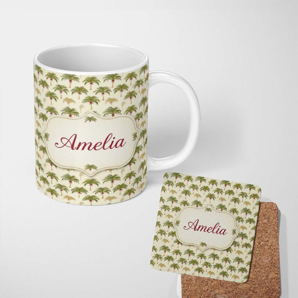 Personalized Custom Name Minimal Green Palm Tree Repeating Pattern Soft Tropical Neutral 11oz Ceramic Coffee Tea Mug White Large Handle