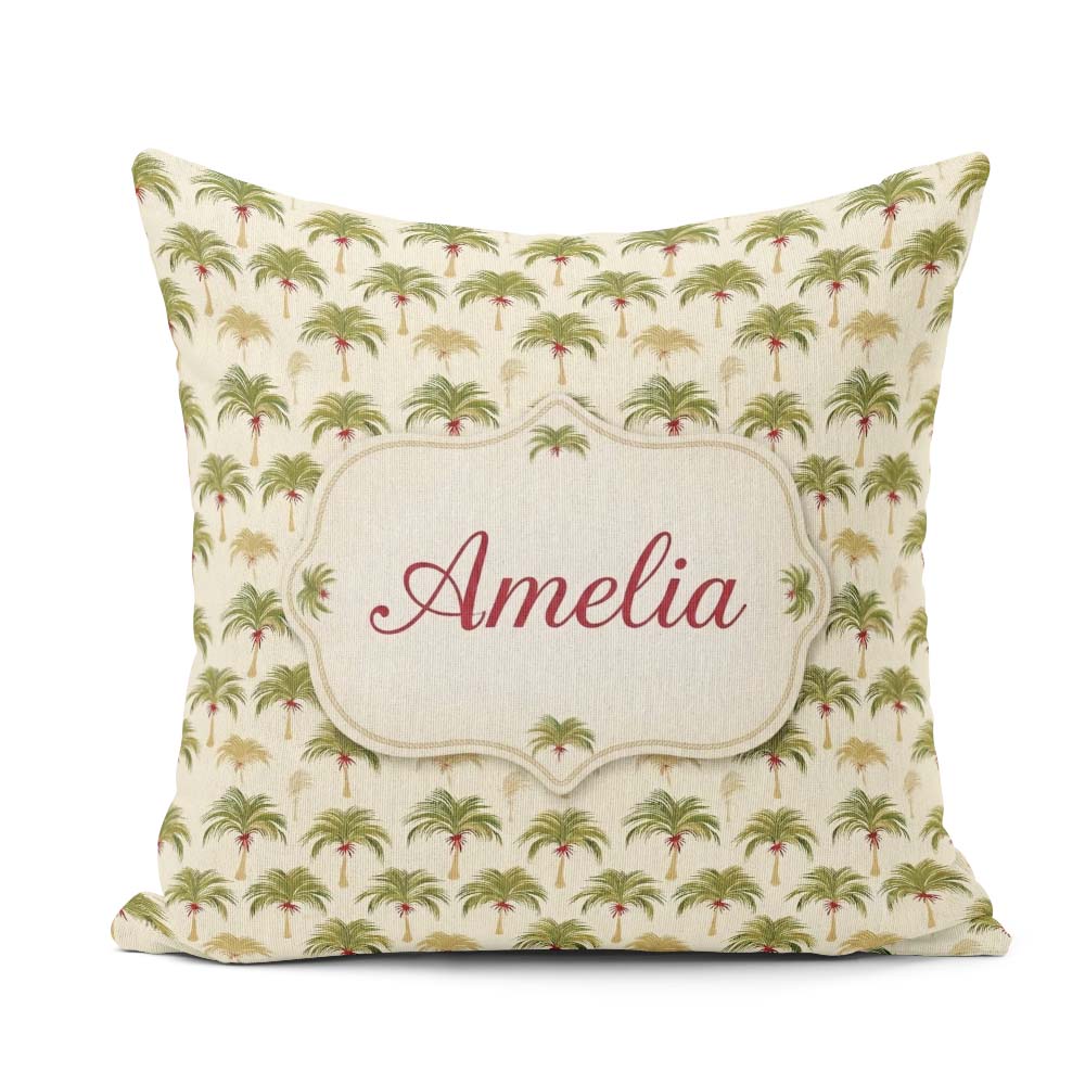 Custom Name Minimal Palm Tree Repeating Pattern Tropical Neutral Square Filled Cushion Throw Pillow Sofa Bed Home Decor Zip Washable UK Made