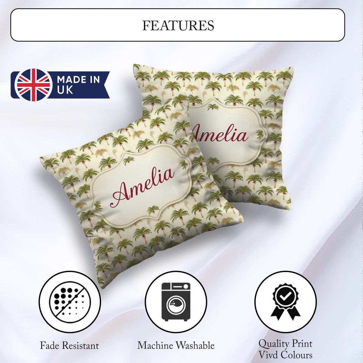 Custom Name Minimal Palm Tree Repeating Pattern Tropical Neutral Square Filled Cushion Throw Pillow Sofa Bed Home Decor Zip Washable UK Made