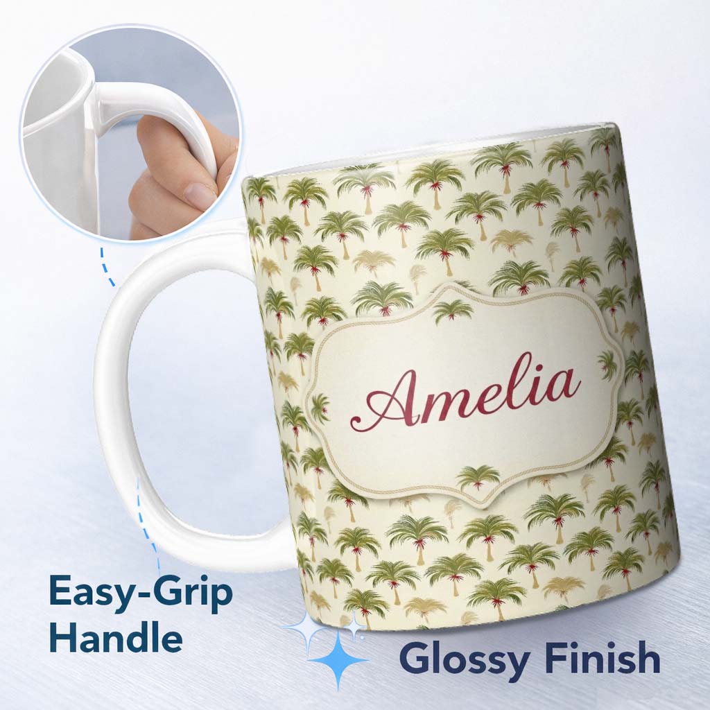 Personalized Custom Name Minimal Green Palm Tree Repeating Pattern Soft Tropical Neutral 11oz Ceramic Coffee Tea Mug White Large Handle
