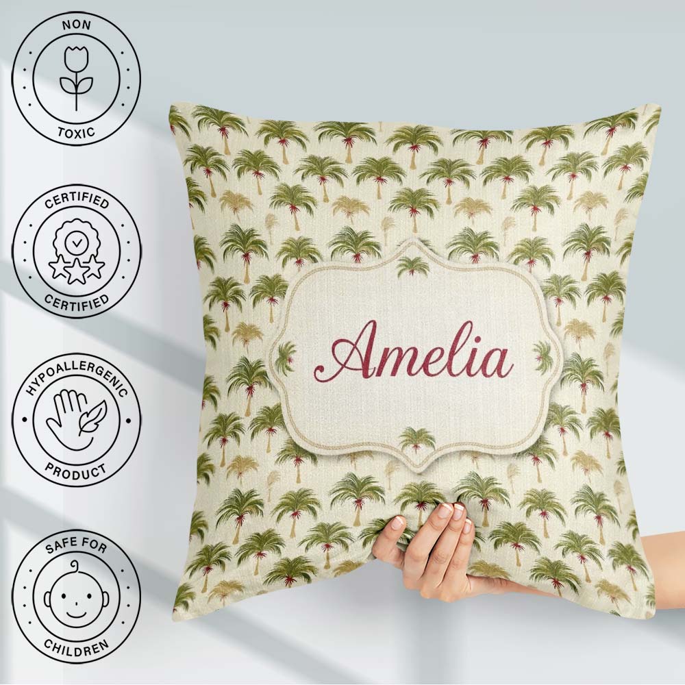 Custom Name Minimal Palm Tree Repeating Pattern Tropical Neutral Square Filled Cushion Throw Pillow Sofa Bed Home Decor Zip Washable UK Made