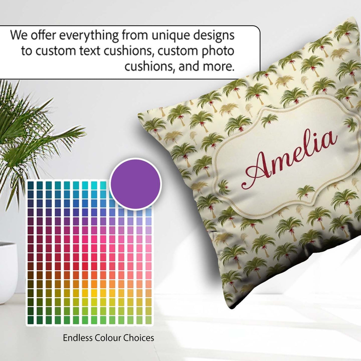 Custom Name Minimal Palm Tree Repeating Pattern Tropical Neutral Square Filled Cushion Throw Pillow Sofa Bed Home Decor Zip Washable UK Made