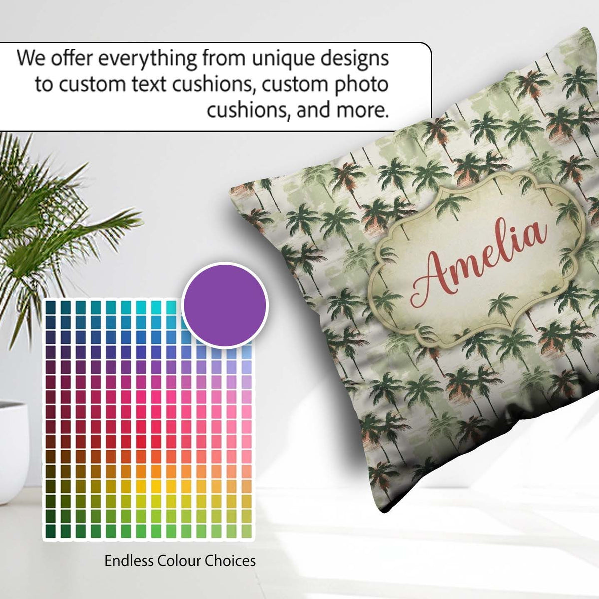 Custom Name Abstract Palm Tree Seamless Pattern Artistic Coastal Square Filled Cushion Throw Pillow Sofa Bed Home Decor Zip Washable UK Made