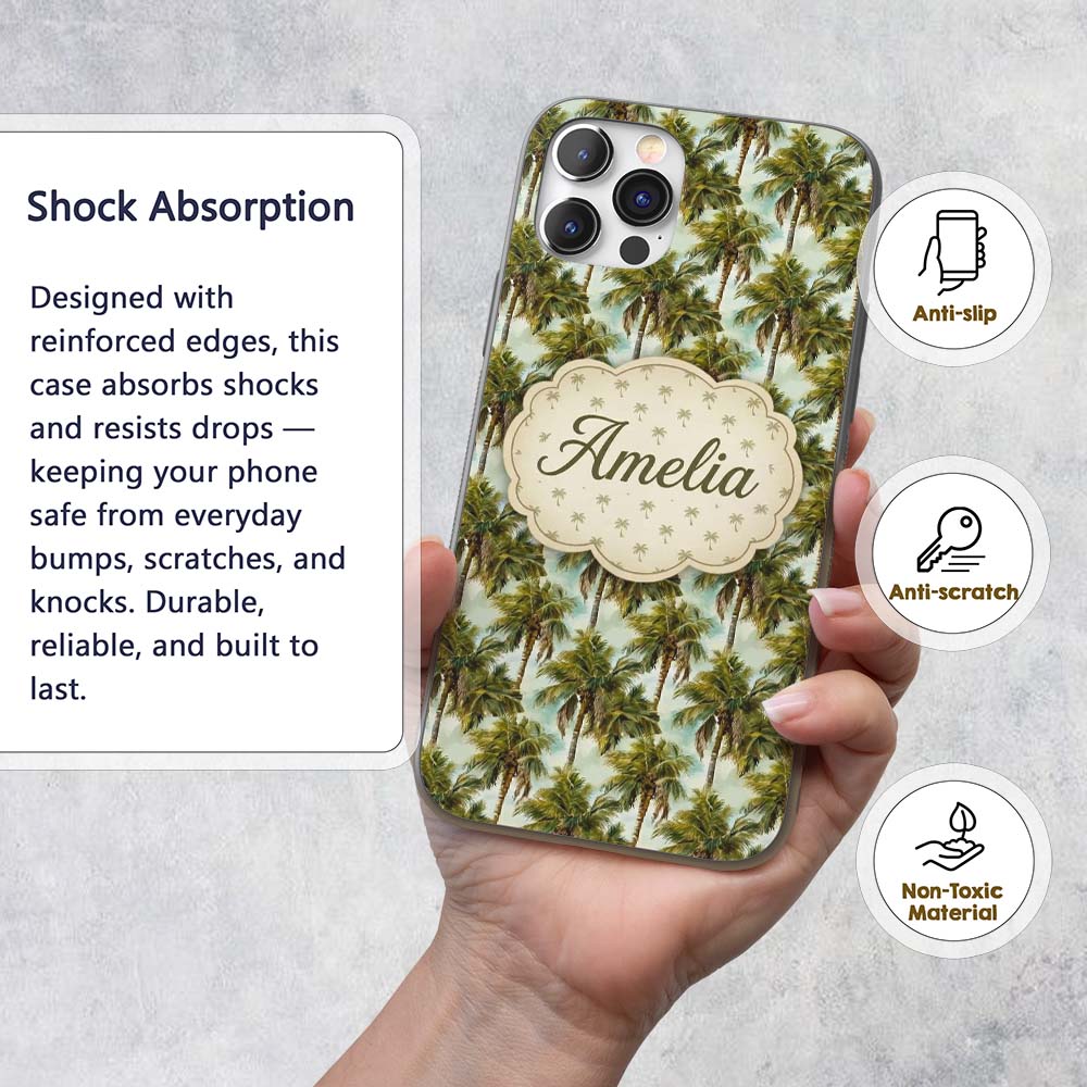Realistic Tropical Palm Tree Sky Printed Design Custom Name Protective Phone Case Mobile Cover Durable Everyday Smartphone Shock Resistant