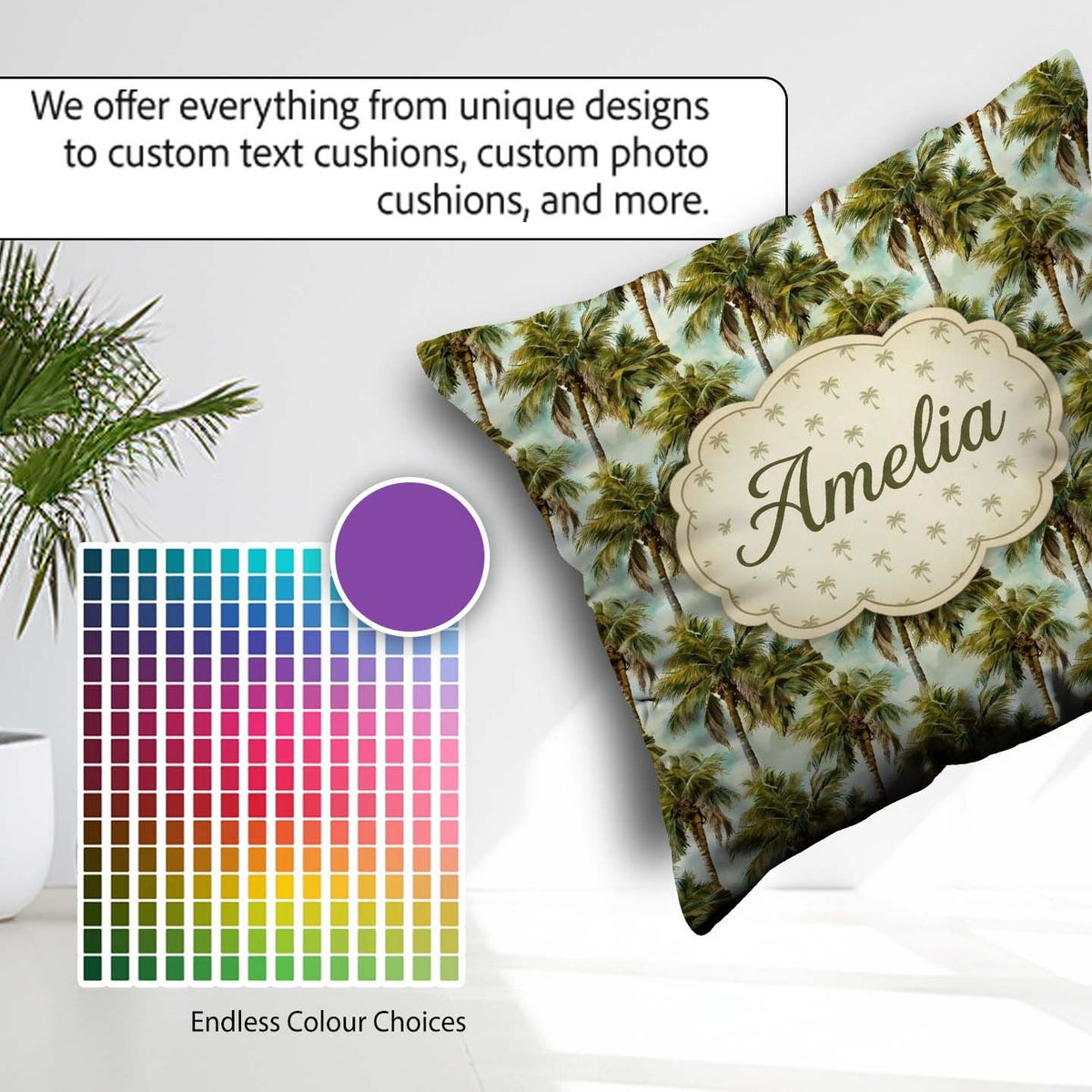 Custom Name Realistic Tropical Palm Tree Sky Background Seamless Square Filled Cushion Throw Pillow Sofa Bed Home Decor Zip Washable UK Made