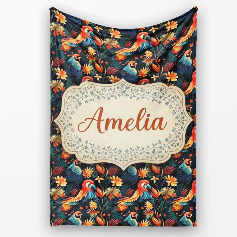 Colorful Tropical Parrot Floral Jungle Seamless Pattern Exotic Bird Personalised Custom Name Super Soft Fleece Blanket Bed Sofa Throw