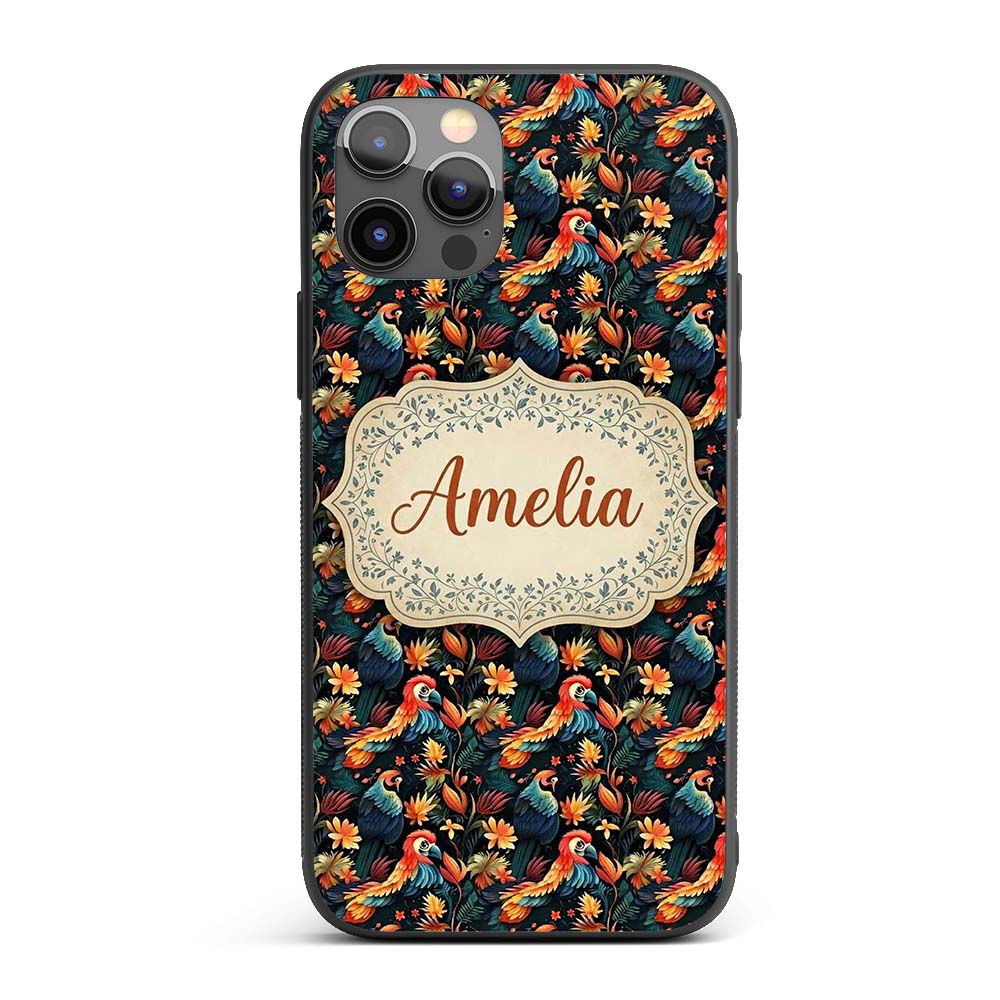 Colorful Tropical Parrot Floral Jungle Seamless Custom Name Protective Phone Case Mobile Cover Durable Everyday Smartphone Shock Resistant