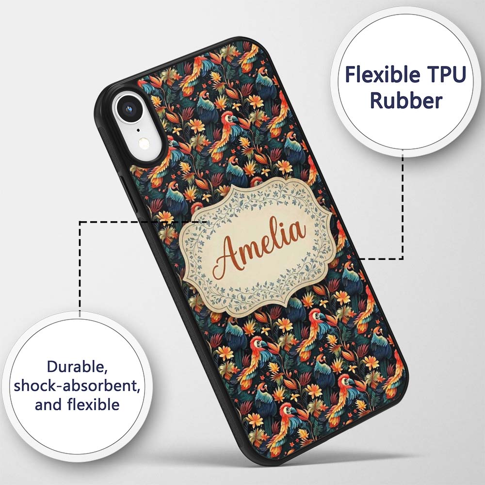 Colorful Tropical Parrot Floral Jungle Seamless Custom Name Protective Phone Case Mobile Cover Durable Everyday Smartphone Shock Resistant