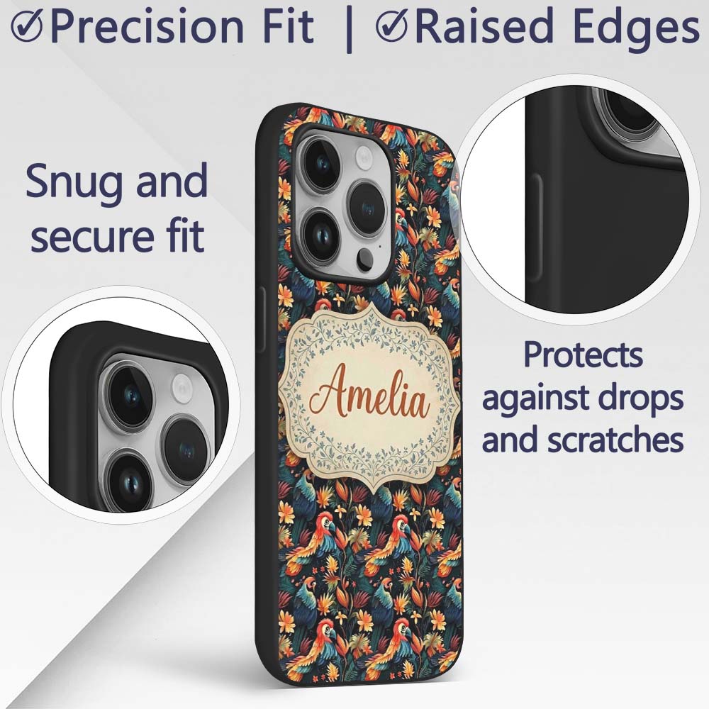 Colorful Tropical Parrot Floral Jungle Seamless Custom Name Protective Phone Case Mobile Cover Durable Everyday Smartphone Shock Resistant