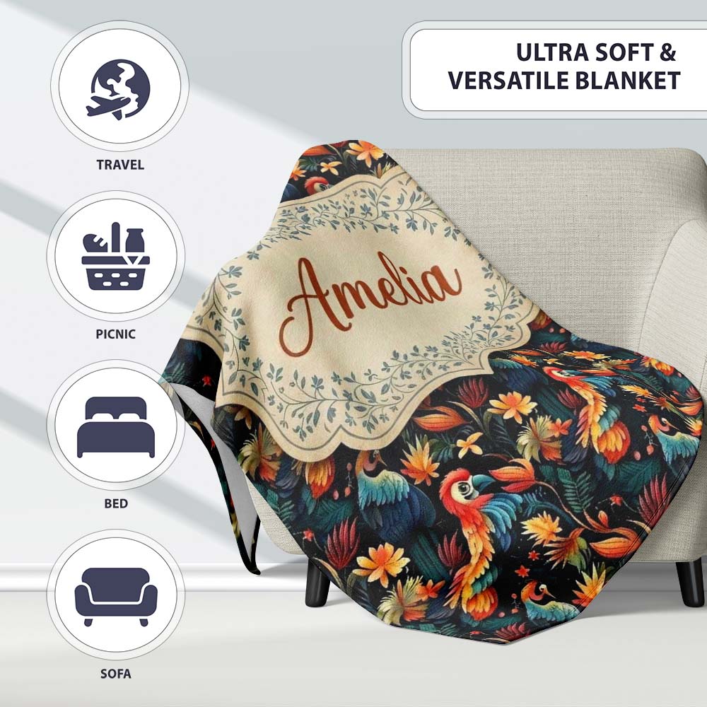 Colorful Tropical Parrot Floral Jungle Seamless Pattern Exotic Bird Personalised Custom Name Super Soft Fleece Blanket Bed Sofa Throw