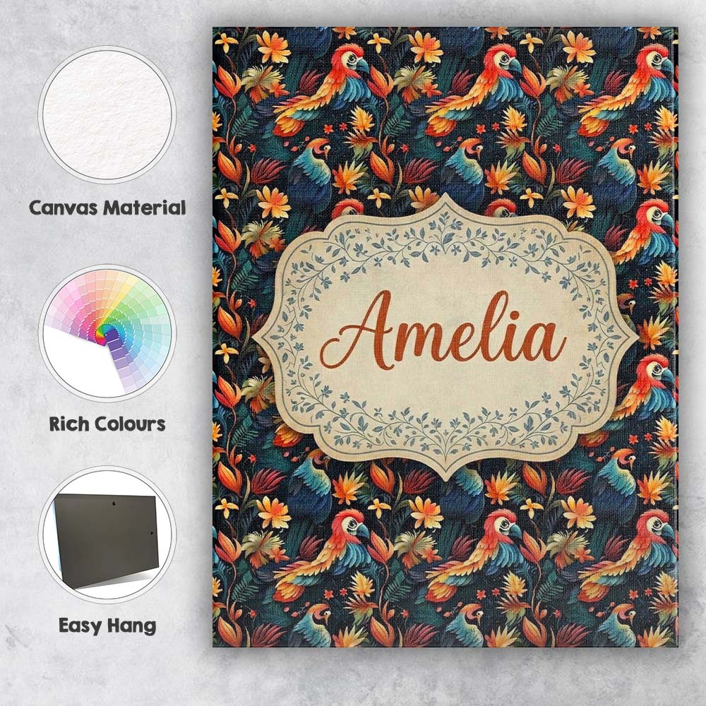 Personalised Name Colorful Tropical Parrot Custom Unique Gift Idea Elegant Feature Canvas Wall Art Print Decor Picture Ready to Hang