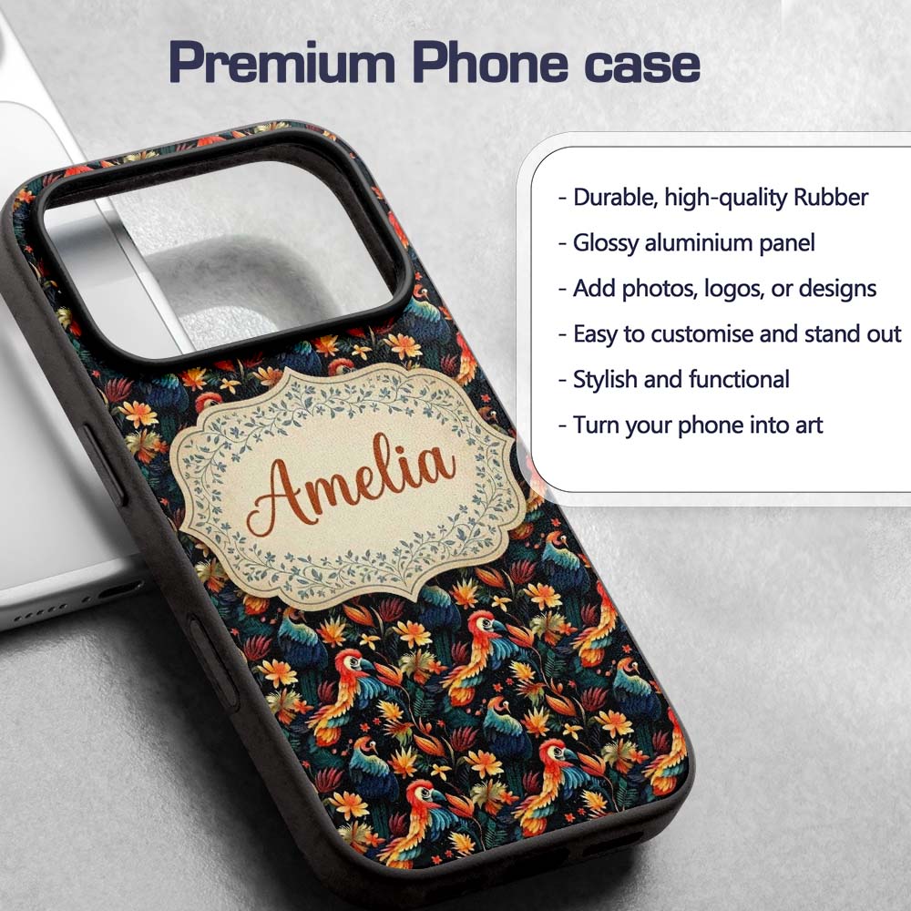 Colorful Tropical Parrot Floral Jungle Seamless Custom Name Protective Phone Case Mobile Cover Durable Everyday Smartphone Shock Resistant