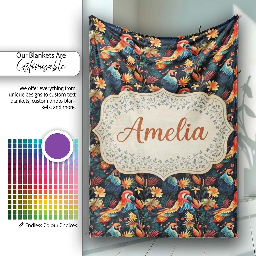 Colorful Tropical Parrot Floral Jungle Seamless Pattern Exotic Bird Personalised Custom Name Super Soft Fleece Blanket Bed Sofa Throw