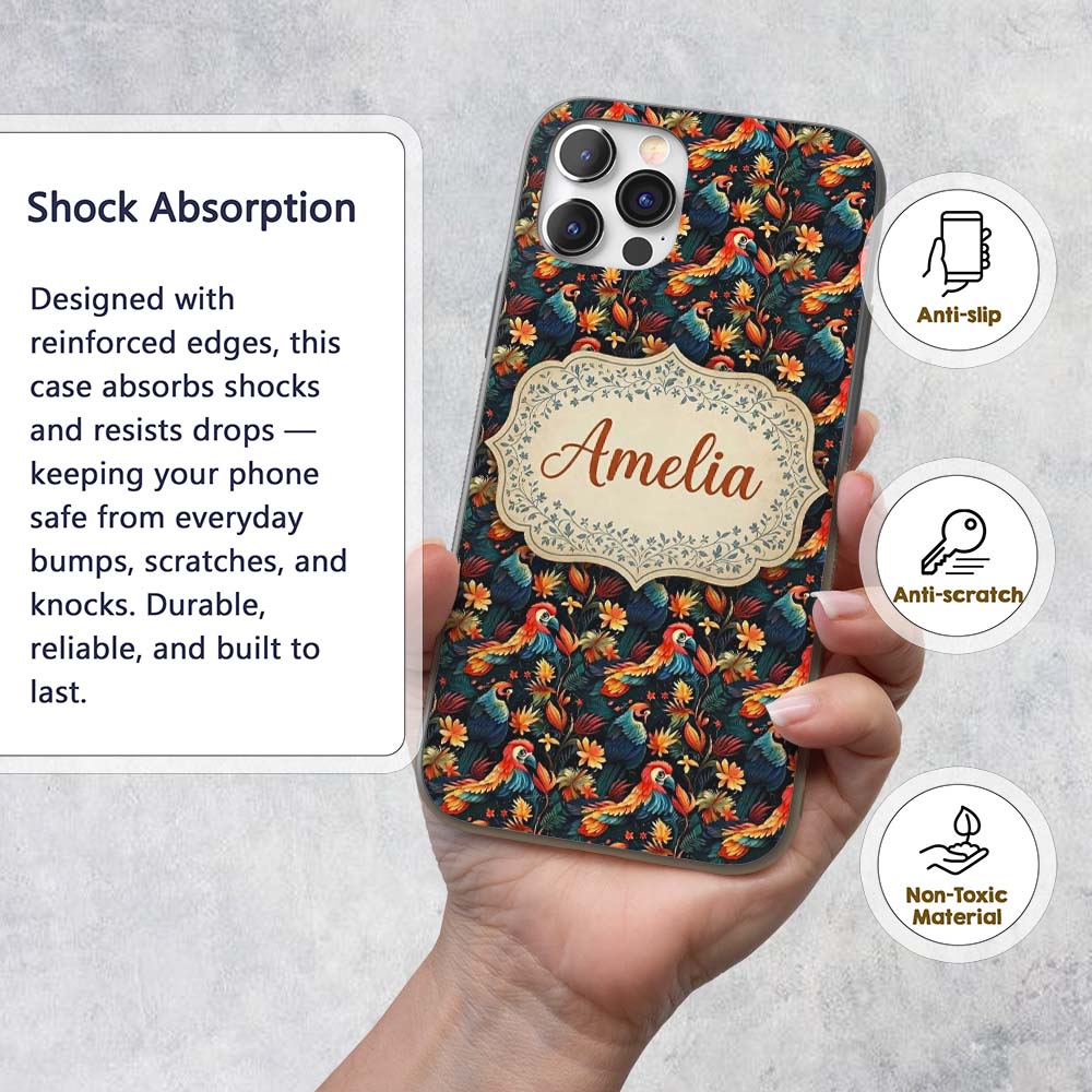 Colorful Tropical Parrot Floral Jungle Seamless Custom Name Protective Phone Case Mobile Cover Durable Everyday Smartphone Shock Resistant