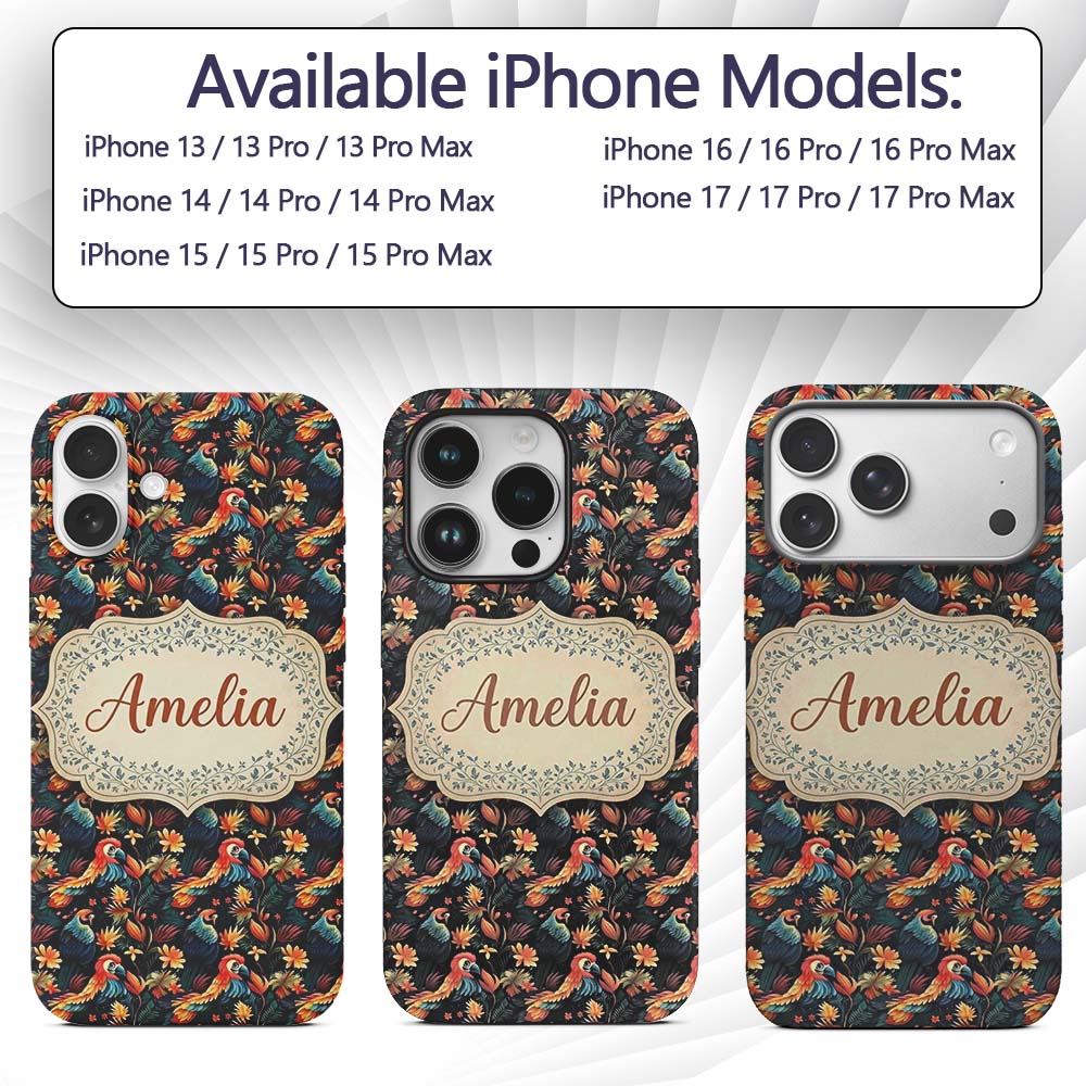 Colorful Tropical Parrot Floral Jungle Seamless Custom Name Protective Phone Case Mobile Cover Durable Everyday Smartphone Shock Resistant