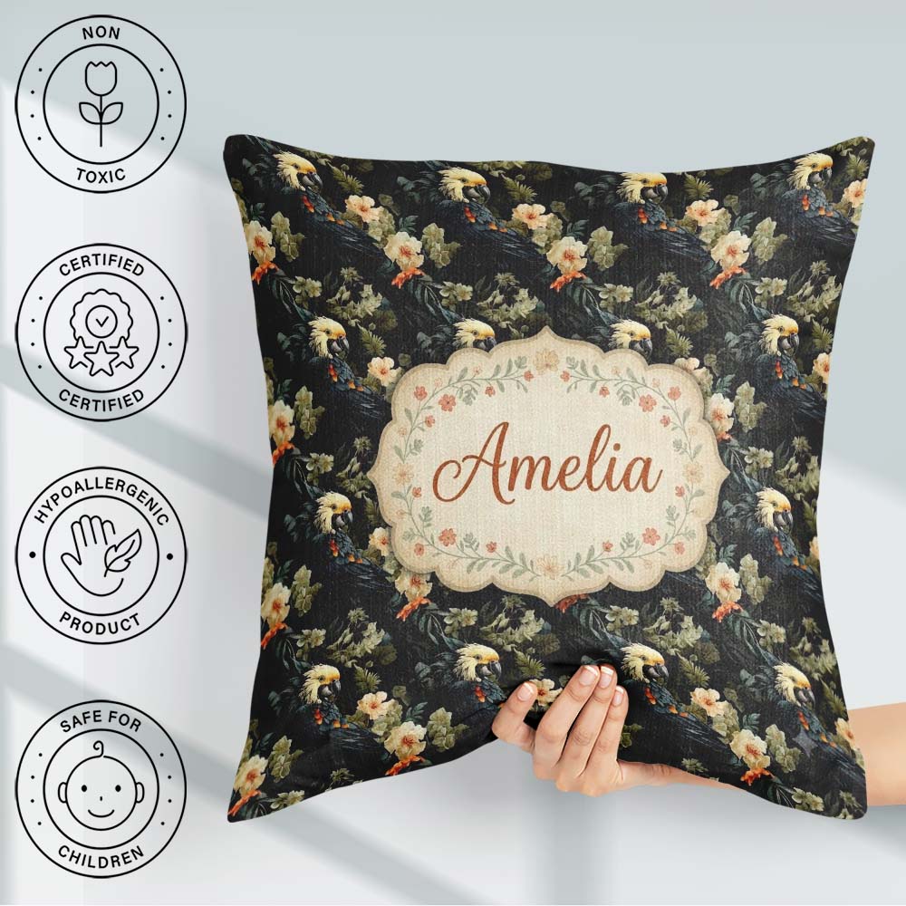 Custom Name Elegant Cockatoo Parrot Floral Seamless Pattern Dark Square Filled Cushion Throw Pillow Sofa Bed Home Decor Zip Washable UK Made