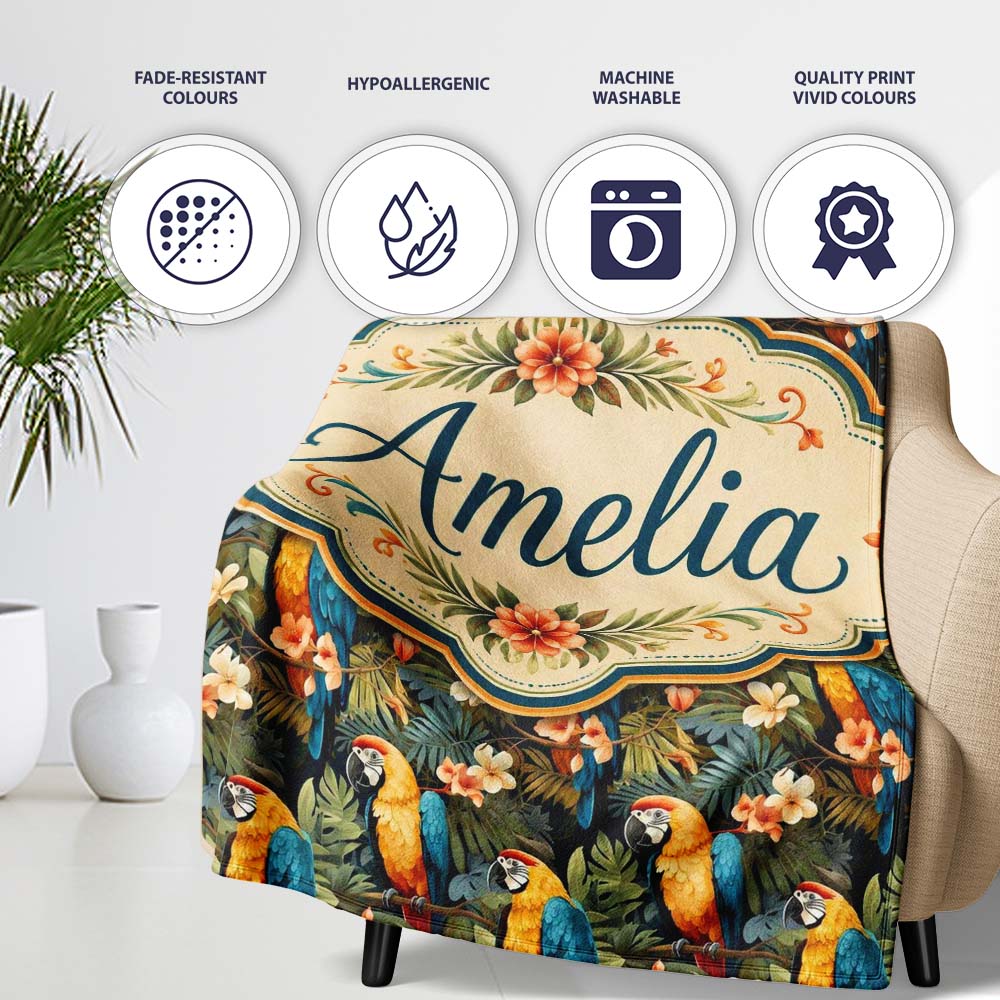 Bright Macaw Parrot Tropical Floral Seamless Pattern Exotic Jungle Personalised Custom Name Super Soft Fleece Blanket Bed Sofa Throw