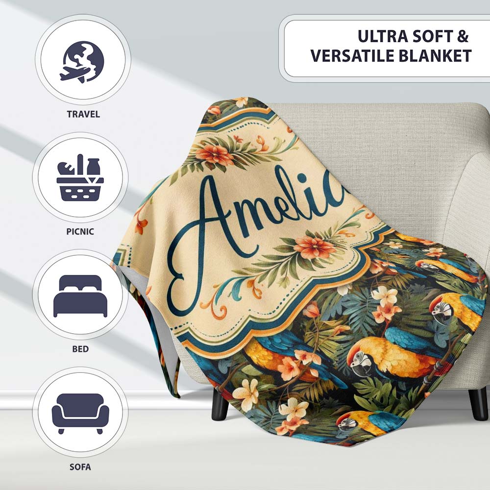 Bright Macaw Parrot Tropical Floral Seamless Pattern Exotic Jungle Personalised Custom Name Super Soft Fleece Blanket Bed Sofa Throw