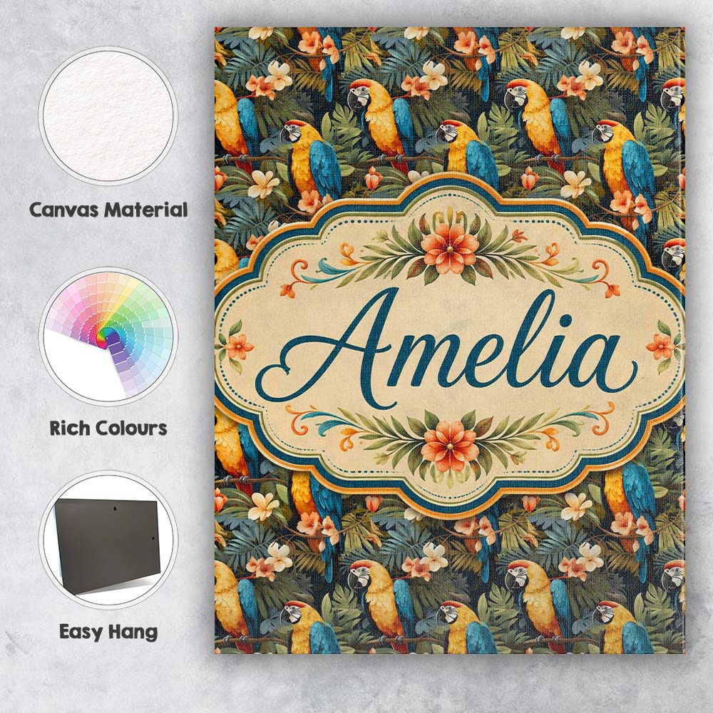 Personalised Name Bright Macaw Parrot Custom Modern Room Accent Creative Decorator Style Canvas Wall Art Print Decor Picture Ready to Hang