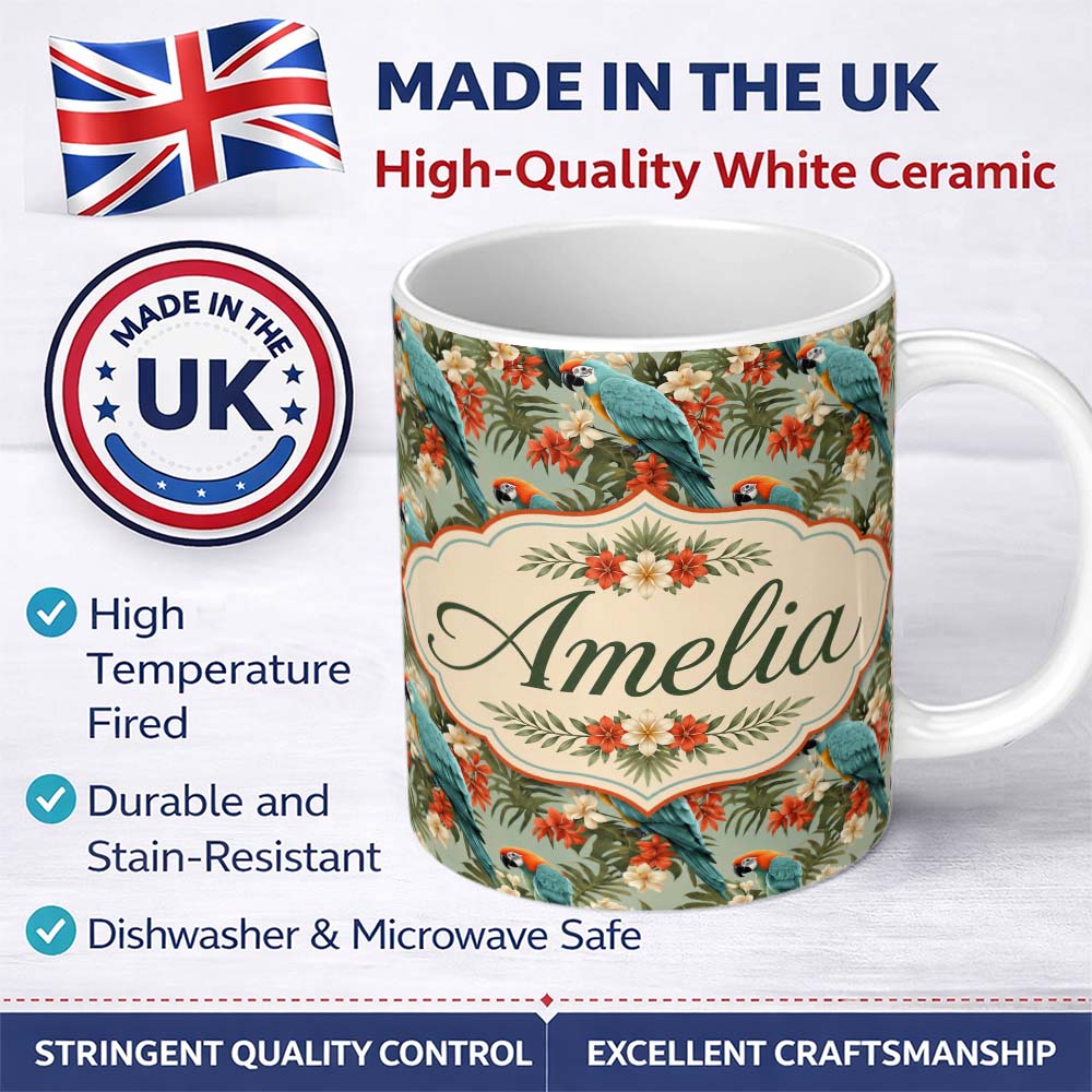 Personalized Custom Name Tropical Blue Macaw Parrot Floral Jungle Seamless Pattern Exotic 11oz Ceramic Coffee Tea Mug White Large Handle