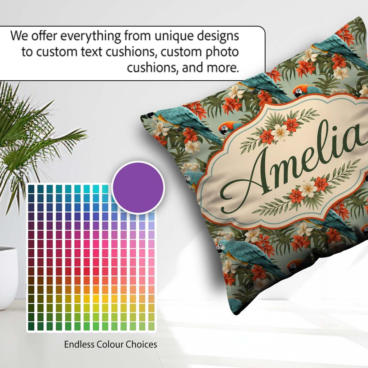 Custom Name Tropical Macaw Parrot Floral Jungle Seamless Pattern Square Filled Cushion Throw Pillow Sofa Bed Home Decor Zip Washable UK Made