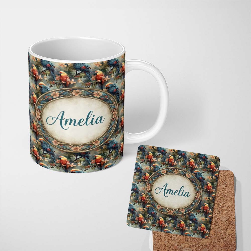 Personalized Custom Name Colorful Parrot Bird on Branches Floral Seamless Pattern Artistic 11oz Ceramic Coffee Tea Mug White Large Handle