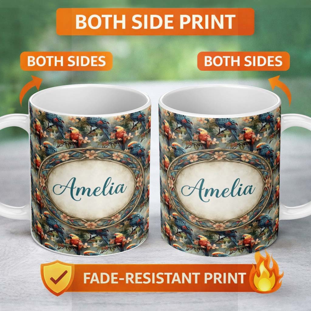 Personalized Custom Name Colorful Parrot Bird on Branches Floral Seamless Pattern Artistic 11oz Ceramic Coffee Tea Mug White Large Handle