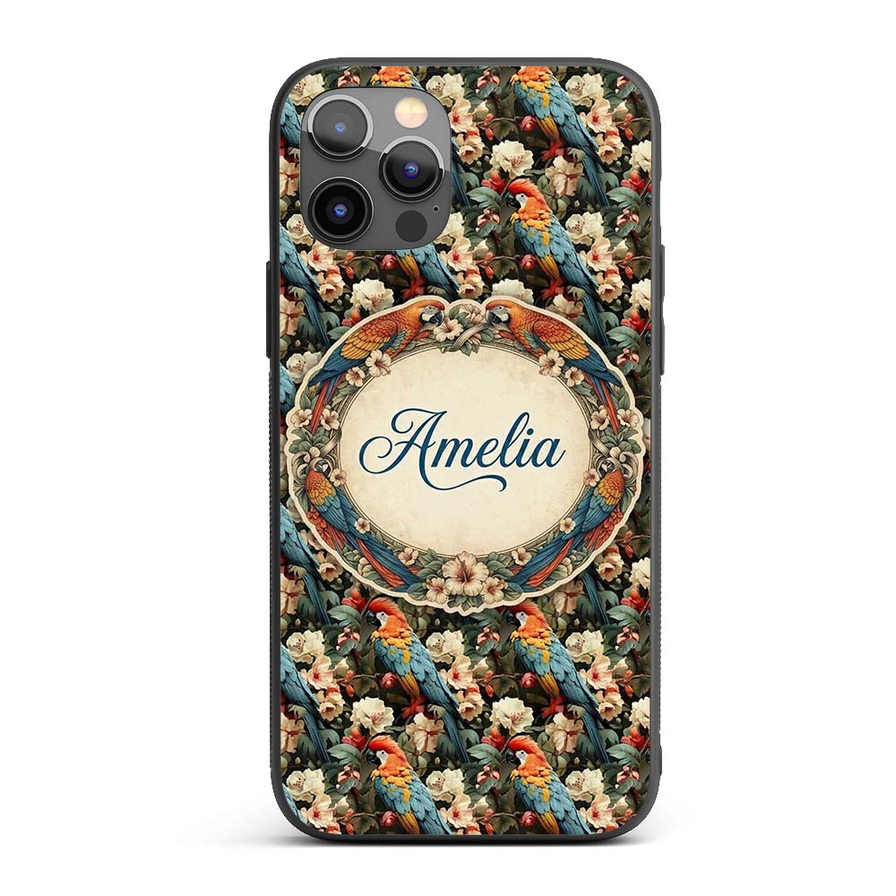 Vibrant Macaw Parrot with Flowers Printed Design Custom Name Protective Phone Case Mobile Cover Durable Everyday Smartphone Shock Resistant
