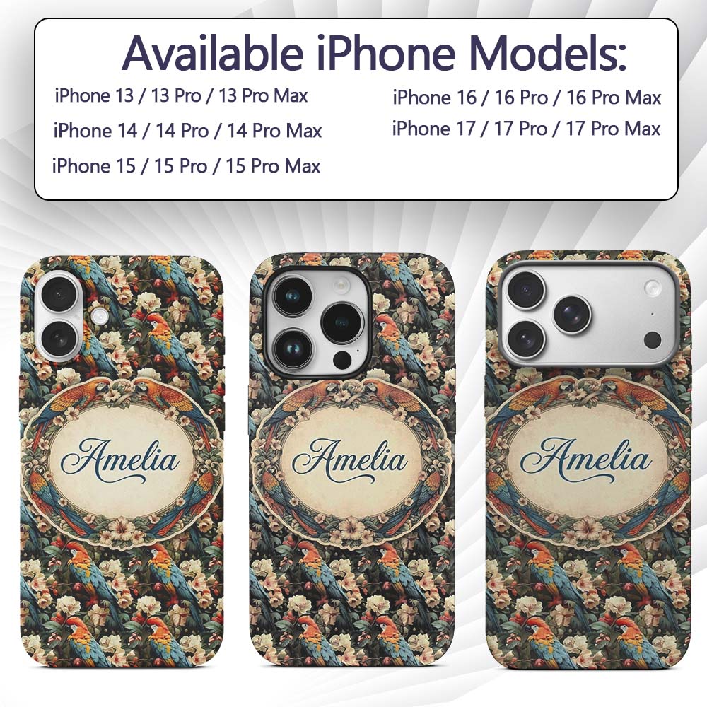 Vibrant Macaw Parrot with Flowers Printed Design Custom Name Protective Phone Case Mobile Cover Durable Everyday Smartphone Shock Resistant