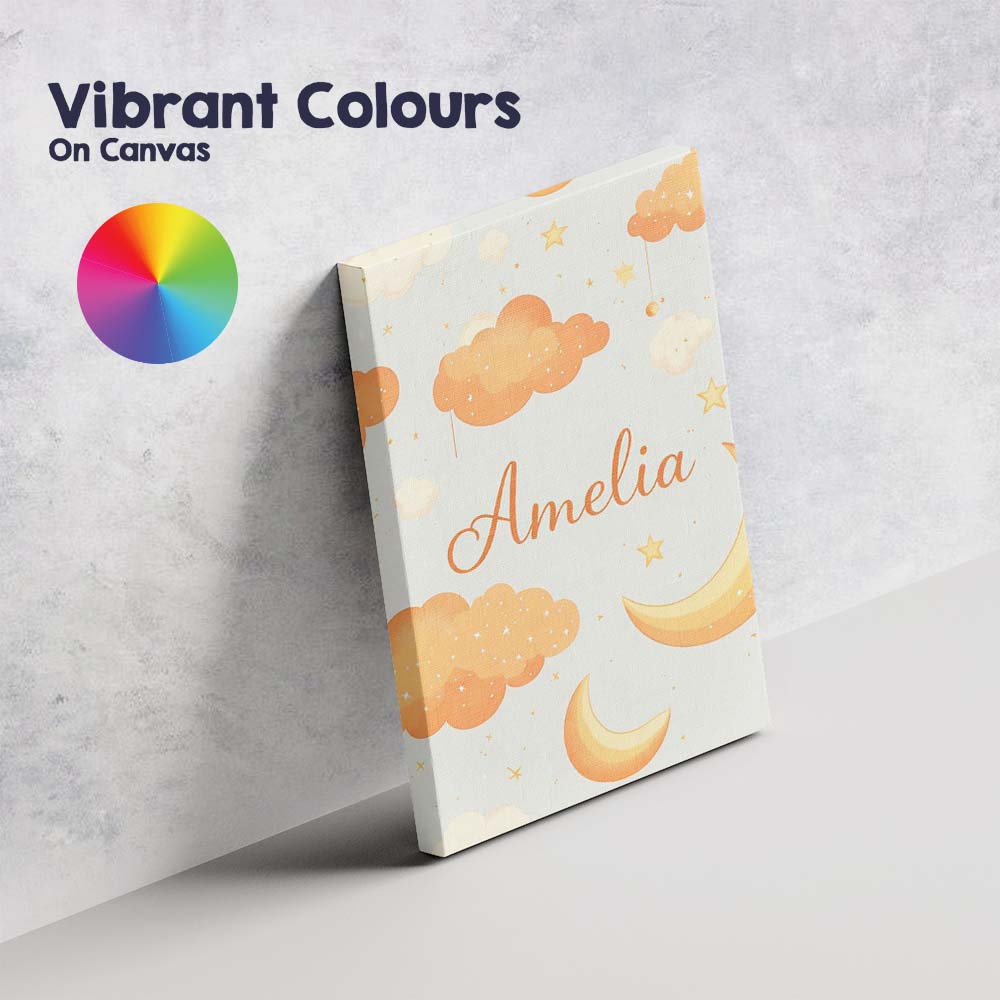 Personalised Name Orange Clouds Moon Stars Seamless Pattern Cute Custom Interior Canvas Wall Art Print Decor Picture Ready to Hang