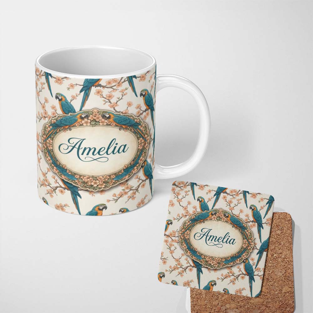 Personalized Custom Name Exotic Parrot Birds with Blossom Branch Seamless Pattern Artistic 11oz Ceramic Coffee Tea Mug White Large Handle